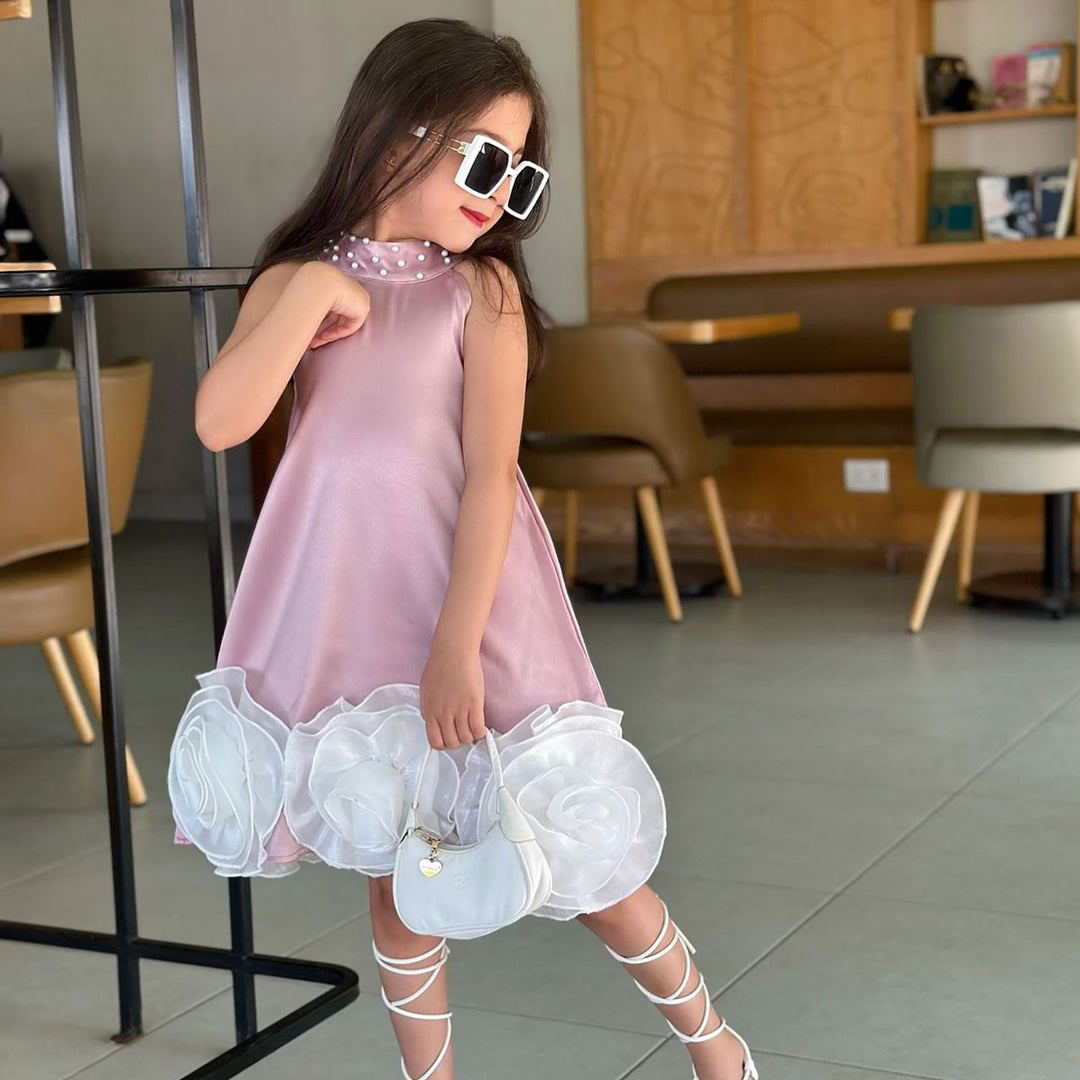 Flower Girl Dress with 3D White Petals Pearl Accents D105