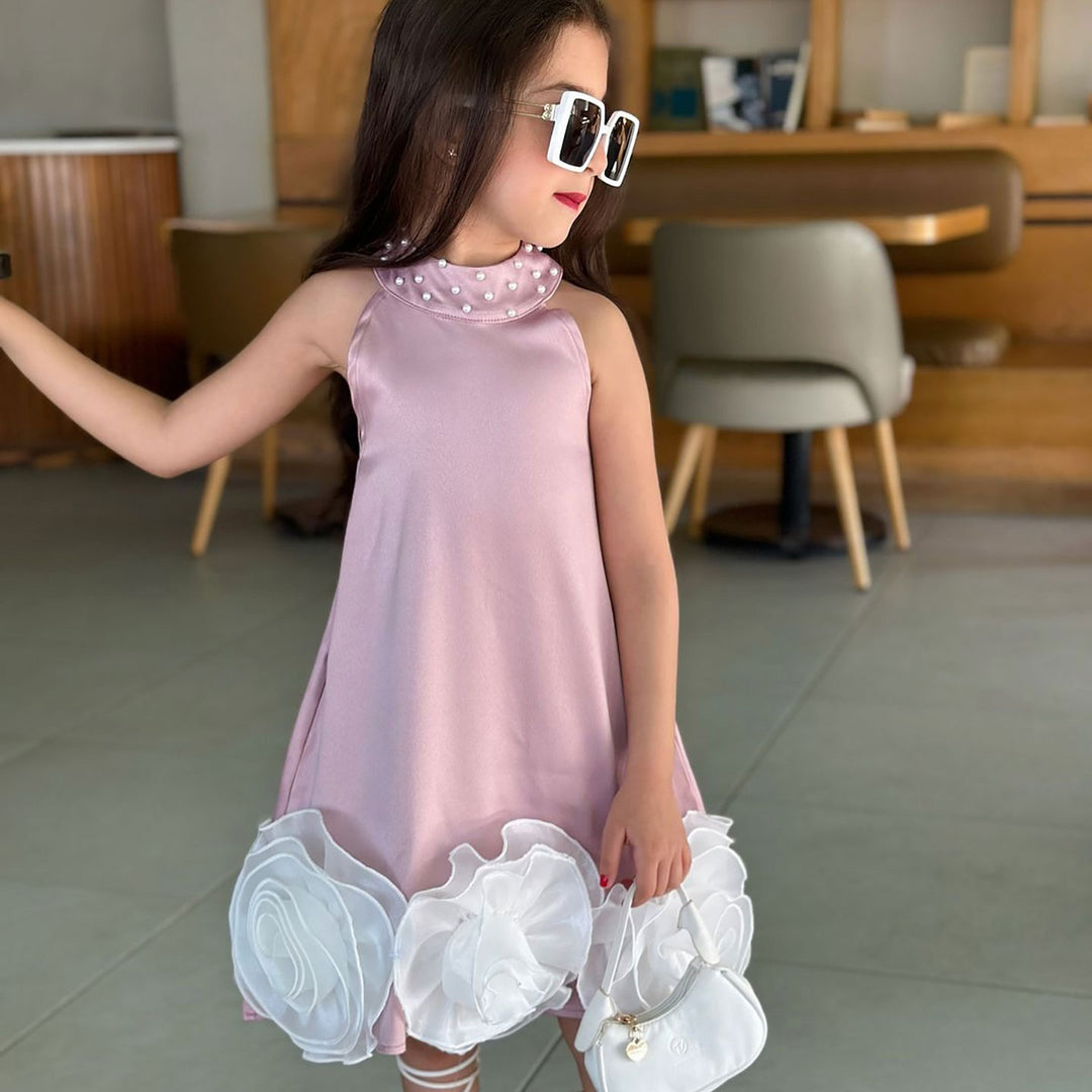 Flower Girl Dress with 3D White Petals Pearl Accents D105