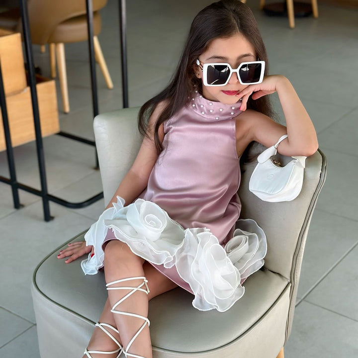 Flower Girl Dress with 3D White Petals Pearl Accents D105