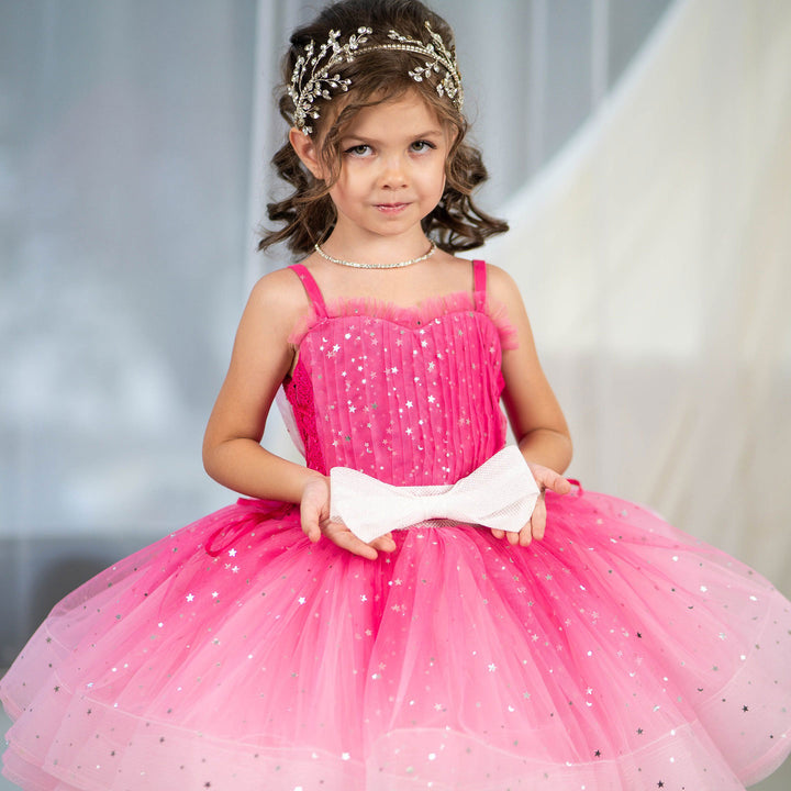 Twinkle Pink Flower Girl Dress with White Bow for Toddler Party D133
