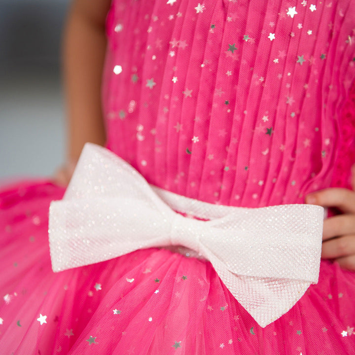Twinkle Pink Flower Girl Dress with White Bow for Toddler Party D133