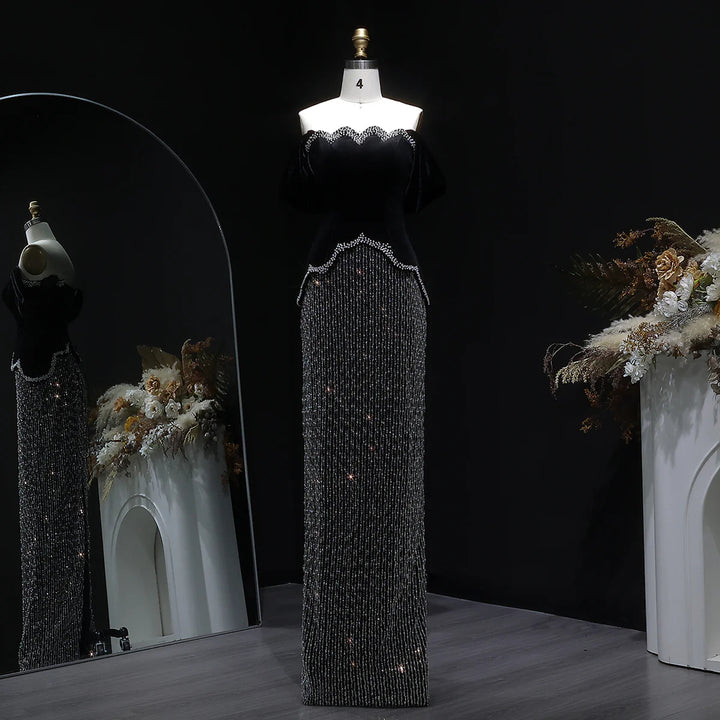 Elegant Black Off Shoulder Pearl Sequin Evening Gown SS615