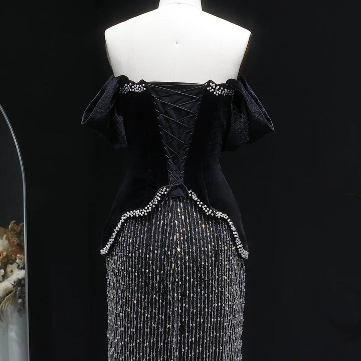 Elegant Black Off Shoulder Pearl Sequin Evening Gown SS615