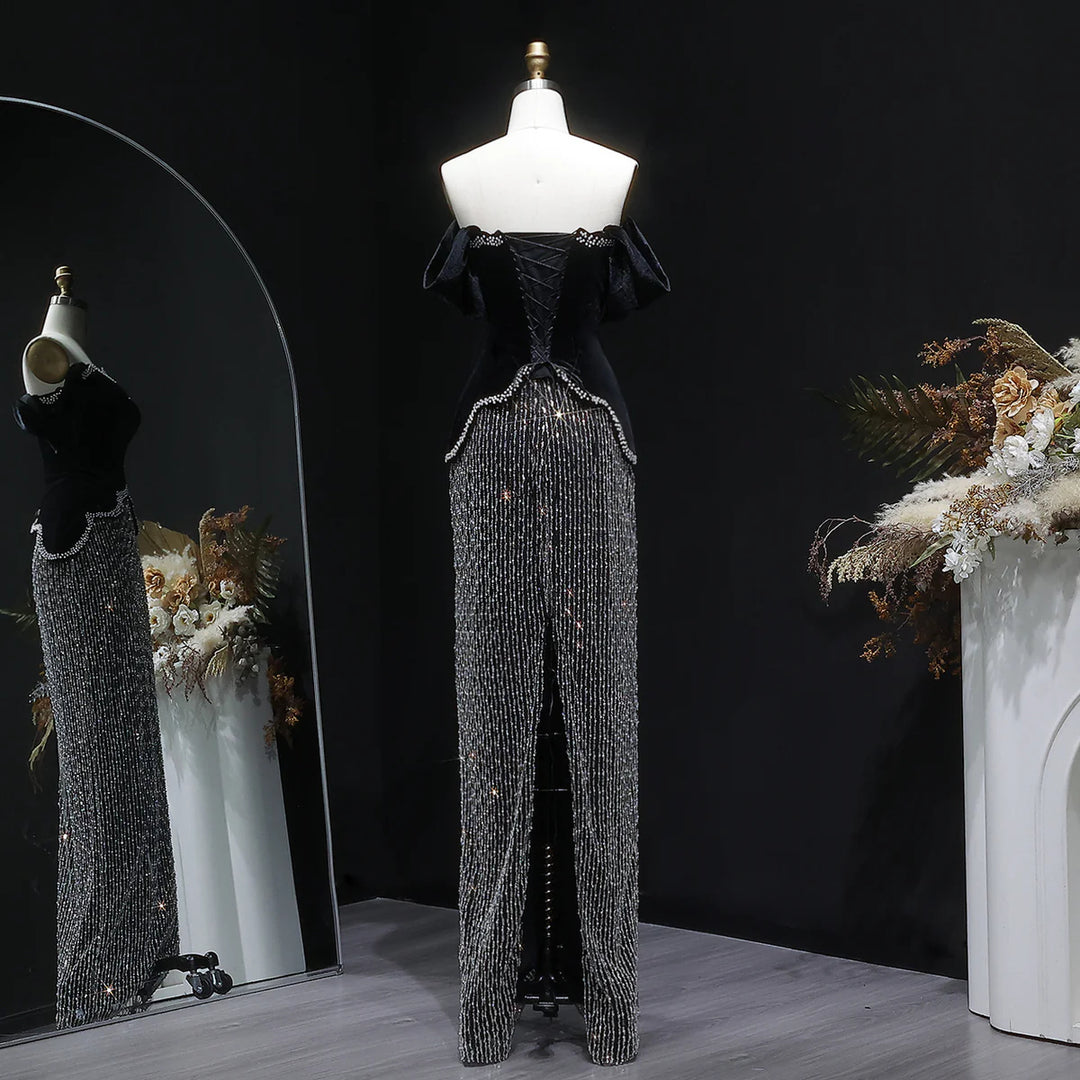 Elegant Black Off Shoulder Pearl Sequin Evening Gown SS615