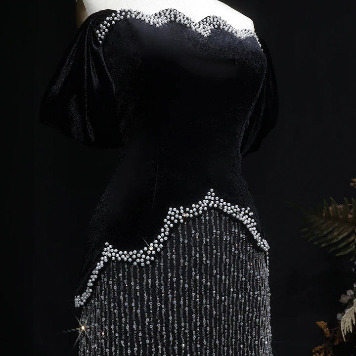 Elegant Black Off Shoulder Pearl Sequin Evening Gown SS615