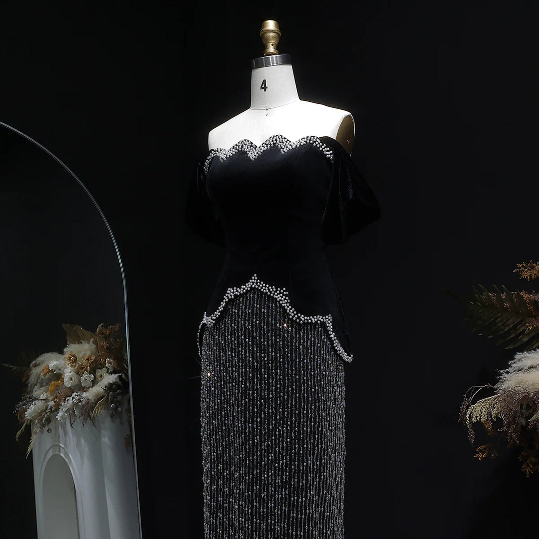 Elegant Black Off Shoulder Pearl Sequin Evening Gown SS615