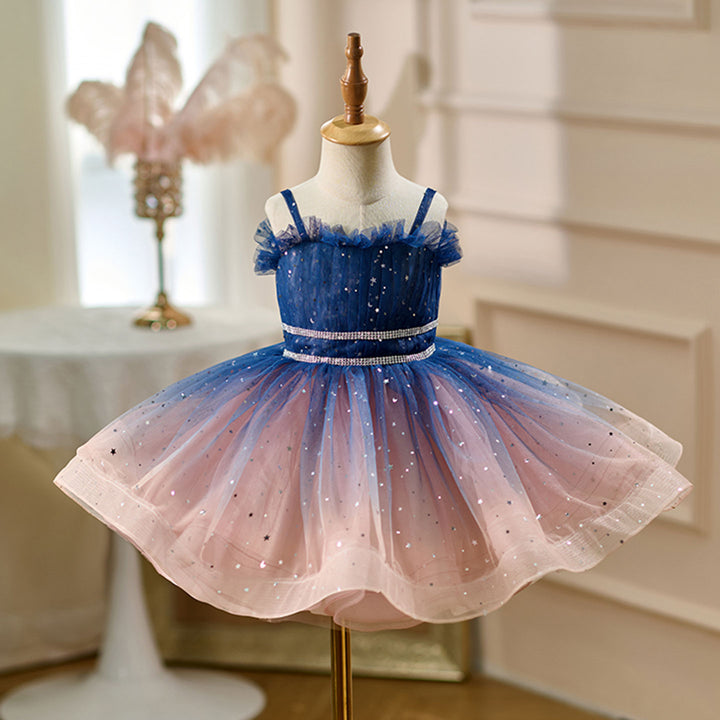 Elegant Blue Knee Length Birthday Wedding Party Flower Girl Dress D159