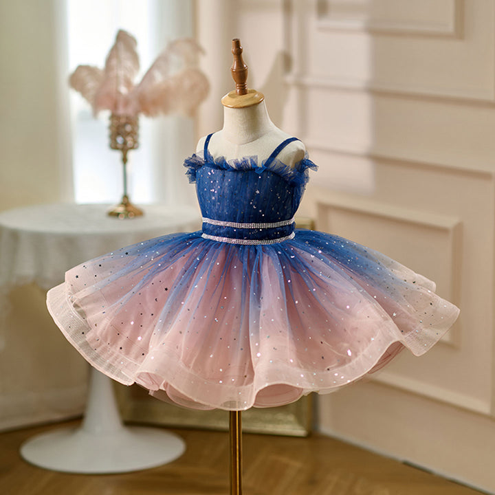 Elegant Blue Knee Length Birthday Wedding Party Flower Girl Dress D159