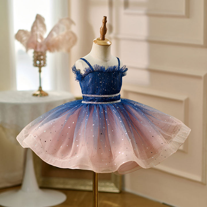 Elegant Blue Knee Length Birthday Wedding Party Flower Girl Dress D159