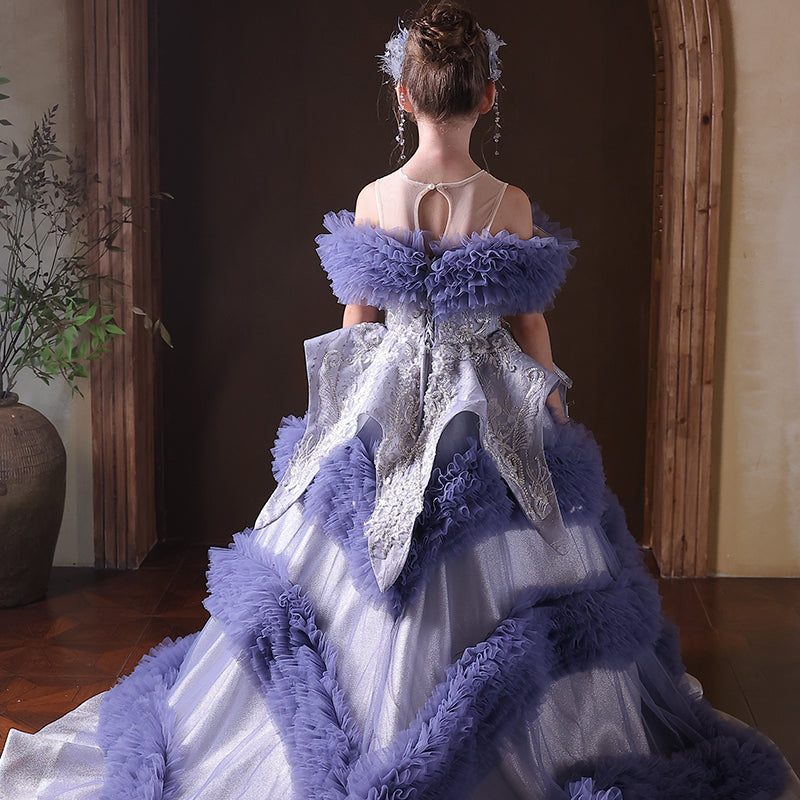 Elegant Blue Beaded Princess Dress for Birthday Pageant J325