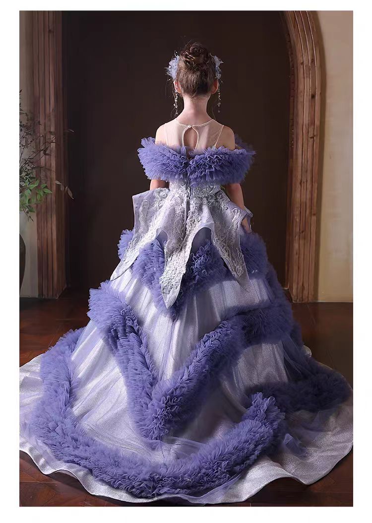 Elegant Blue Beaded Princess Dress for Birthday Pageant J325