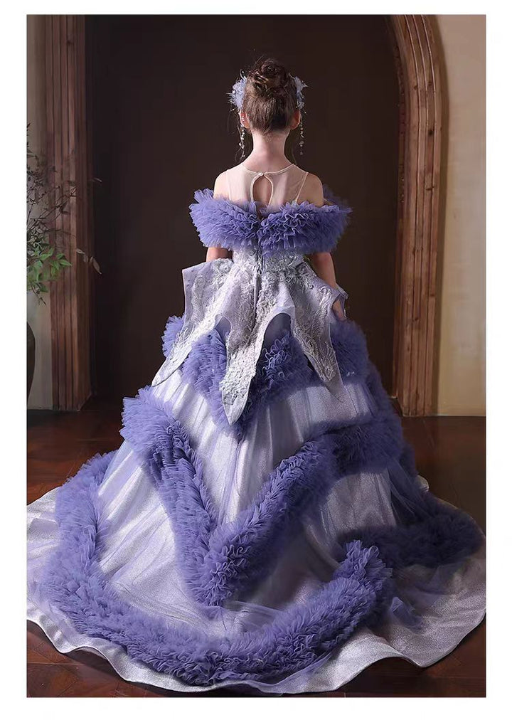 Elegant Blue Beaded Princess Dress for Birthday Pageant J325