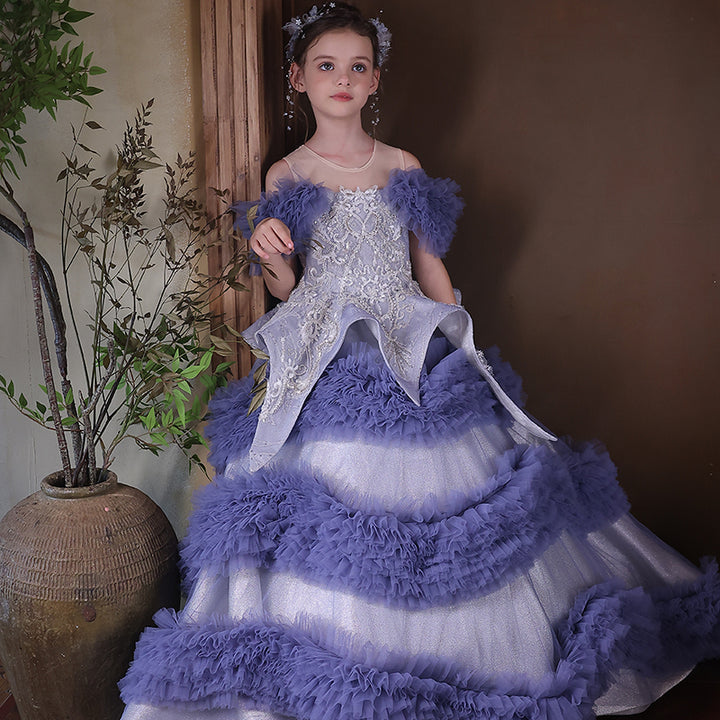 Elegant Blue Beaded Princess Dress for Birthday Pageant J325