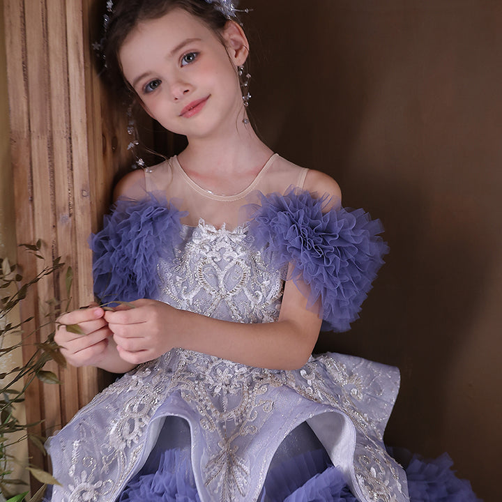 Elegant Blue Beaded Princess Dress for Birthday Pageant J325