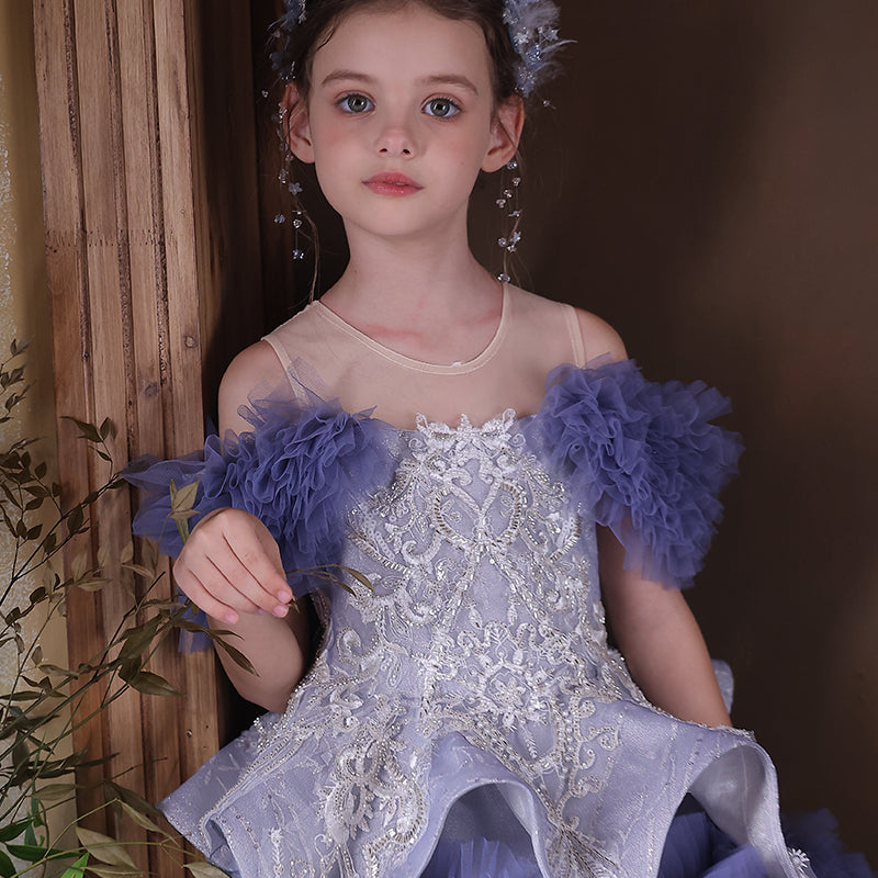 Elegant Blue Beaded Princess Dress for Birthday Pageant J325