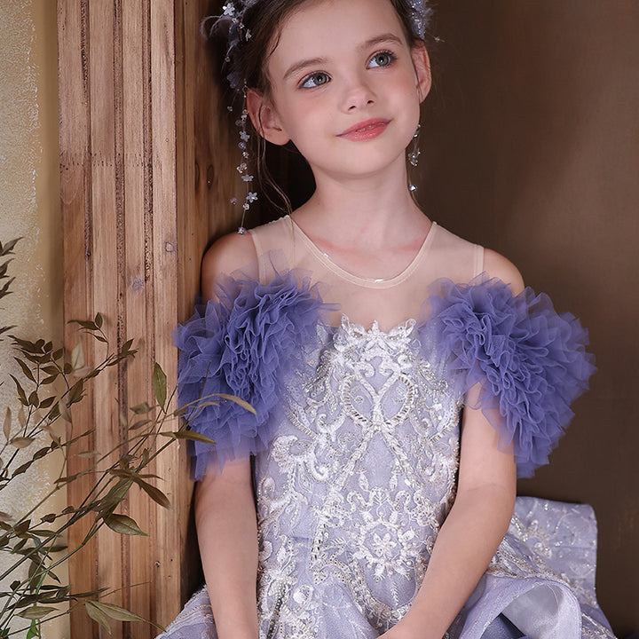 Elegant Blue Beaded Princess Dress for Birthday Pageant J325