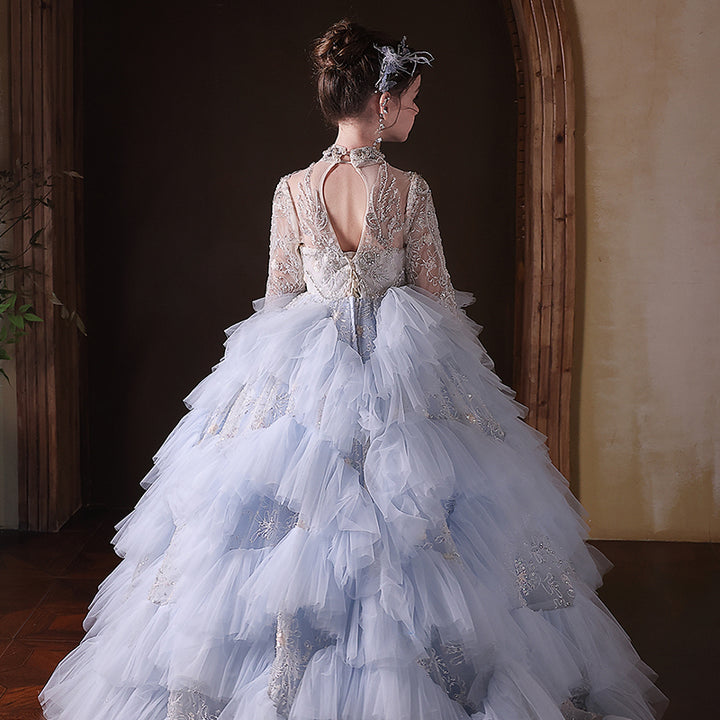 Luxury Blue Dubai Girl Dress Beaded Pearls Arabic Princess Kids J381