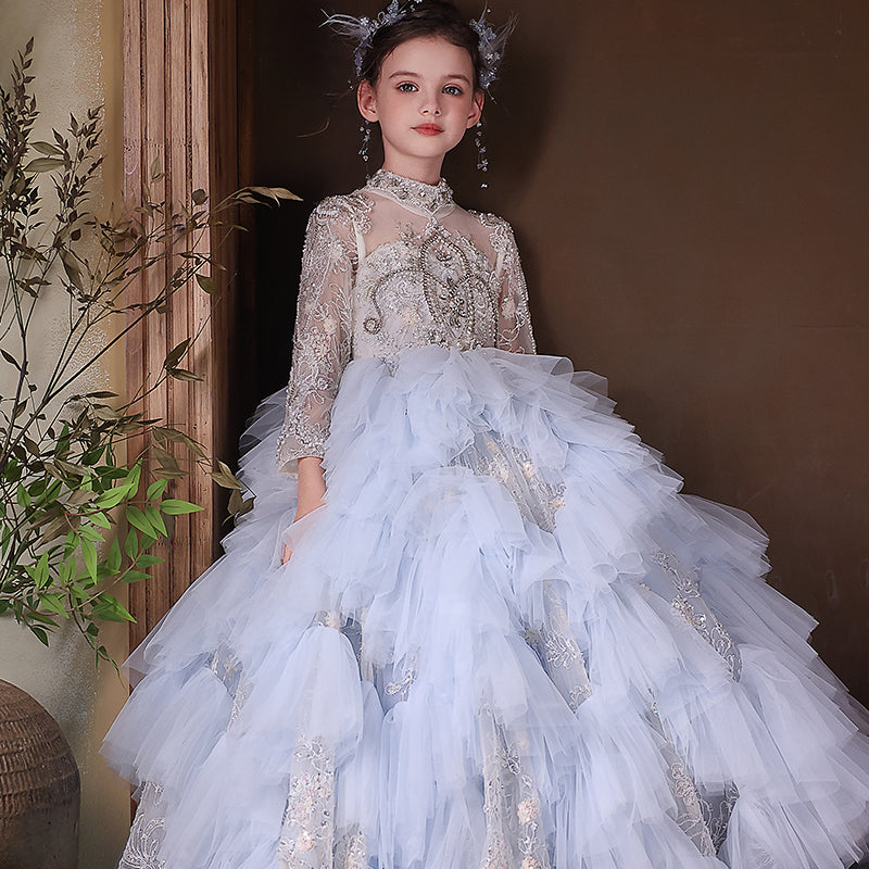 Luxury Blue Dubai Girl Dress Beaded Pearls Arabic Princess Kids J381