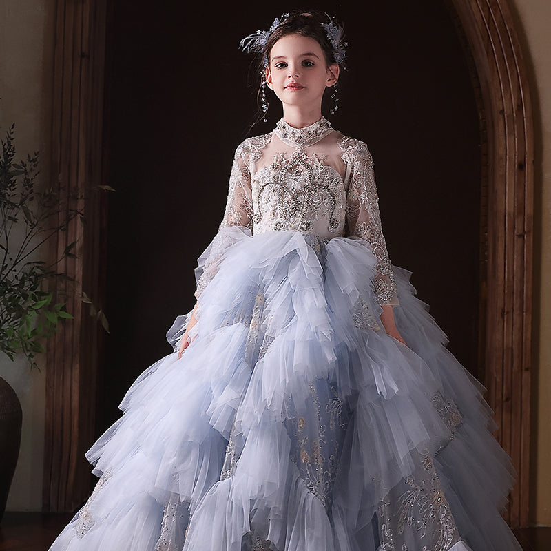 Luxury Blue Dubai Girl Dress Beaded Pearls Arabic Princess Kids J381