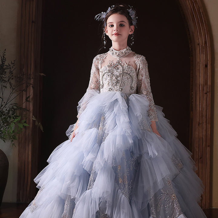 Luxury Blue Dubai Girl Dress Beaded Pearls Arabic Princess Kids J381