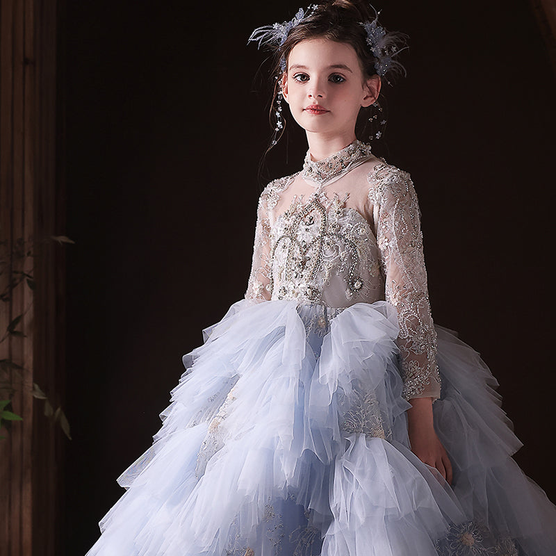 Luxury Blue Dubai Girl Dress Beaded Pearls Arabic Princess Kids J381