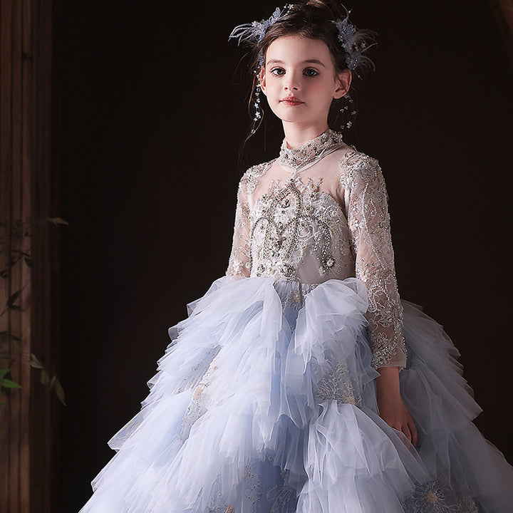 Luxury Blue Dubai Girl Dress Beaded Pearls Arabic Princess Kids J381