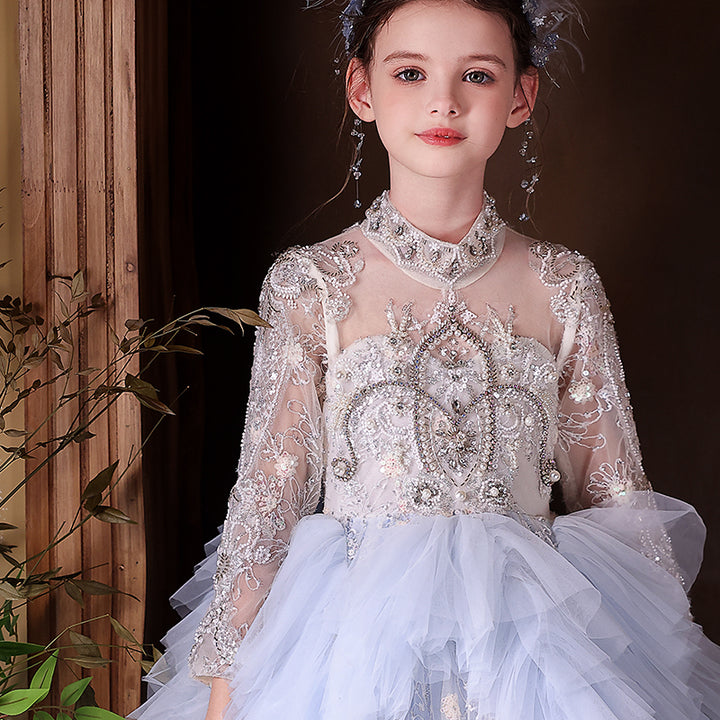 Luxury Blue Dubai Girl Dress Beaded Pearls Arabic Princess Kids J381