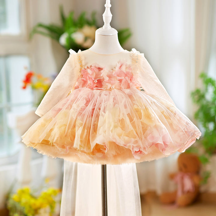 3D Flowers Knee Length Toddler 1 St Birthday Girl Dress D096
