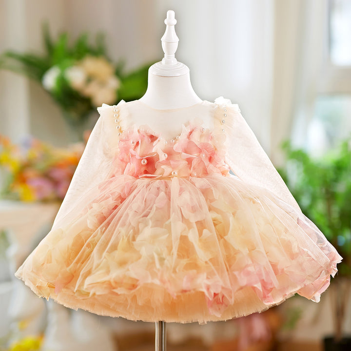 3D Flowers Knee Length Toddler 1 St Birthday Girl Dress D096
