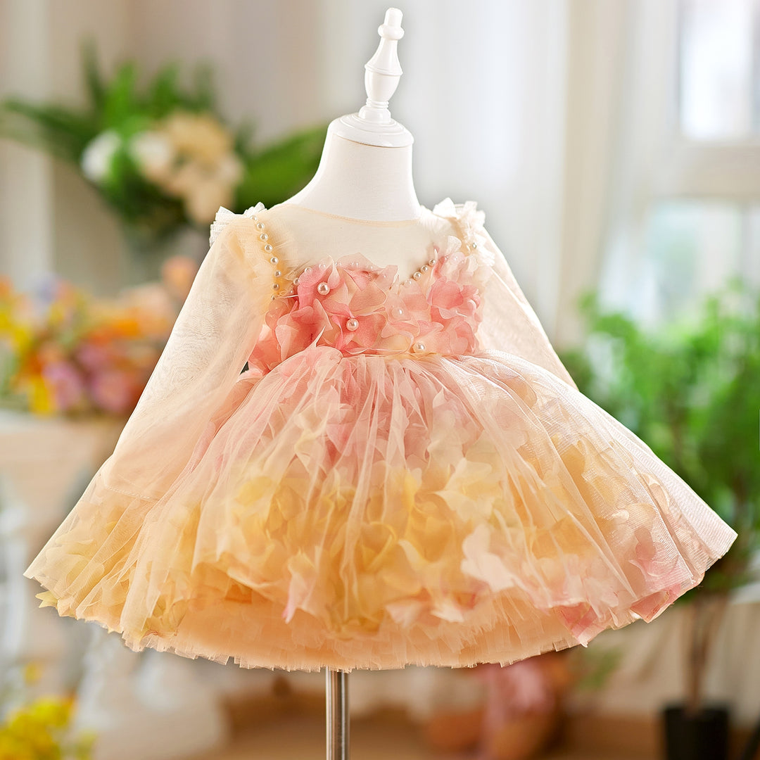 3D Flowers Knee Length Toddler 1 St Birthday Girl Dress D096