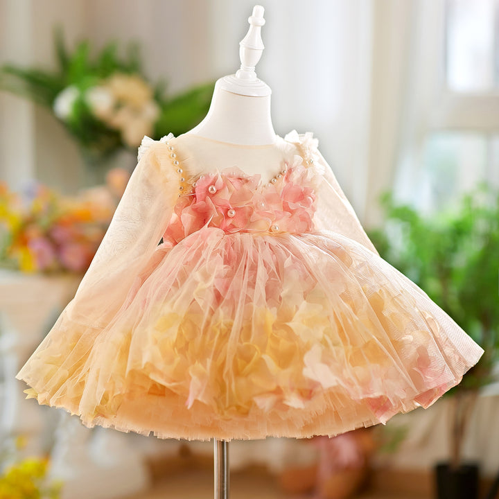 3D Flowers Knee Length Toddler 1 St Birthday Girl Dress D096