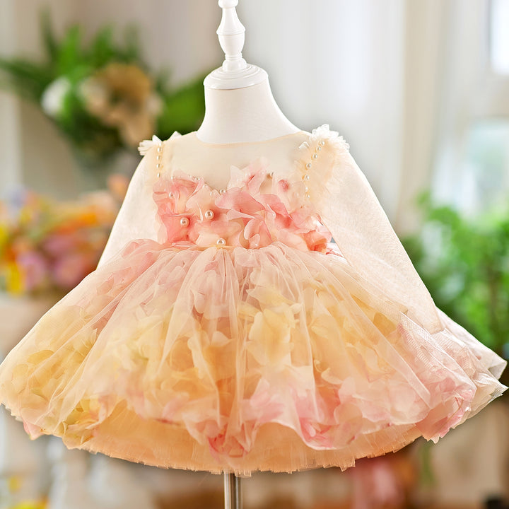 3D Flowers Knee Length Toddler 1 St Birthday Girl Dress D096