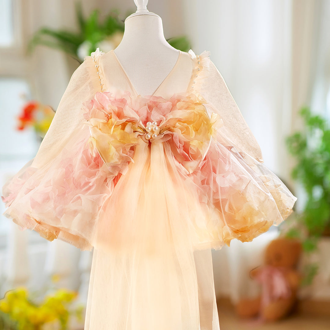 3D Flowers Knee Length Toddler 1 St Birthday Girl Dress D096