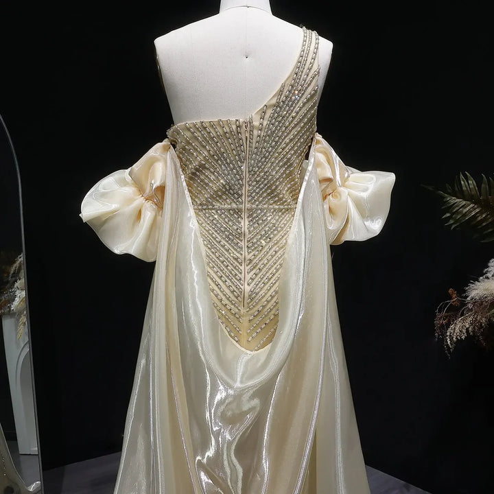 Elegent Blue Beaded One-Shoulder Evening Dress with Flowing Cape SS016