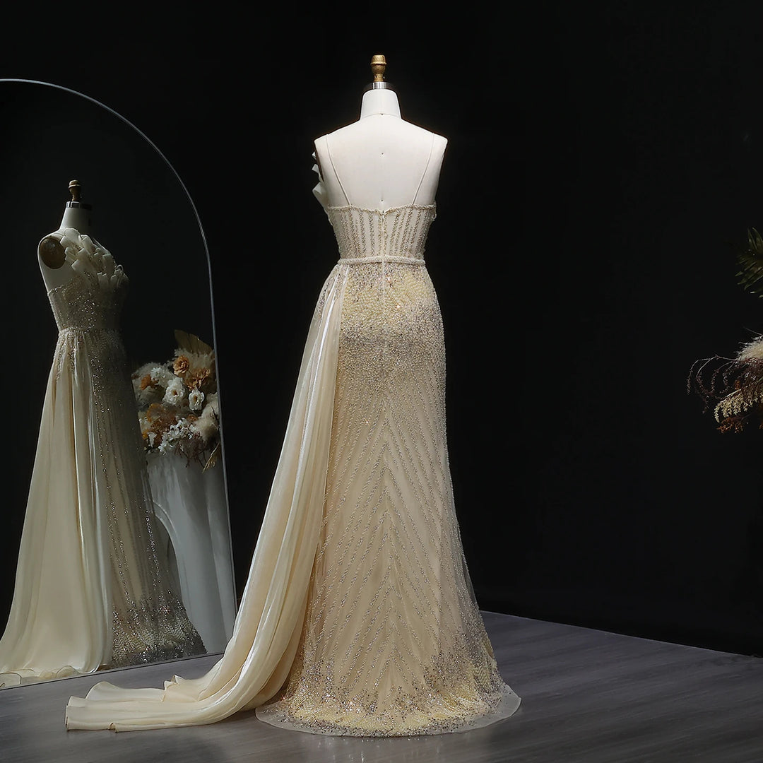 Elegant Beaded Mermaid Evening Dress with Flowing Overskirt SS094