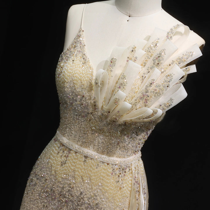 Elegant Beaded Mermaid Evening Dress with Flowing Overskirt SS094