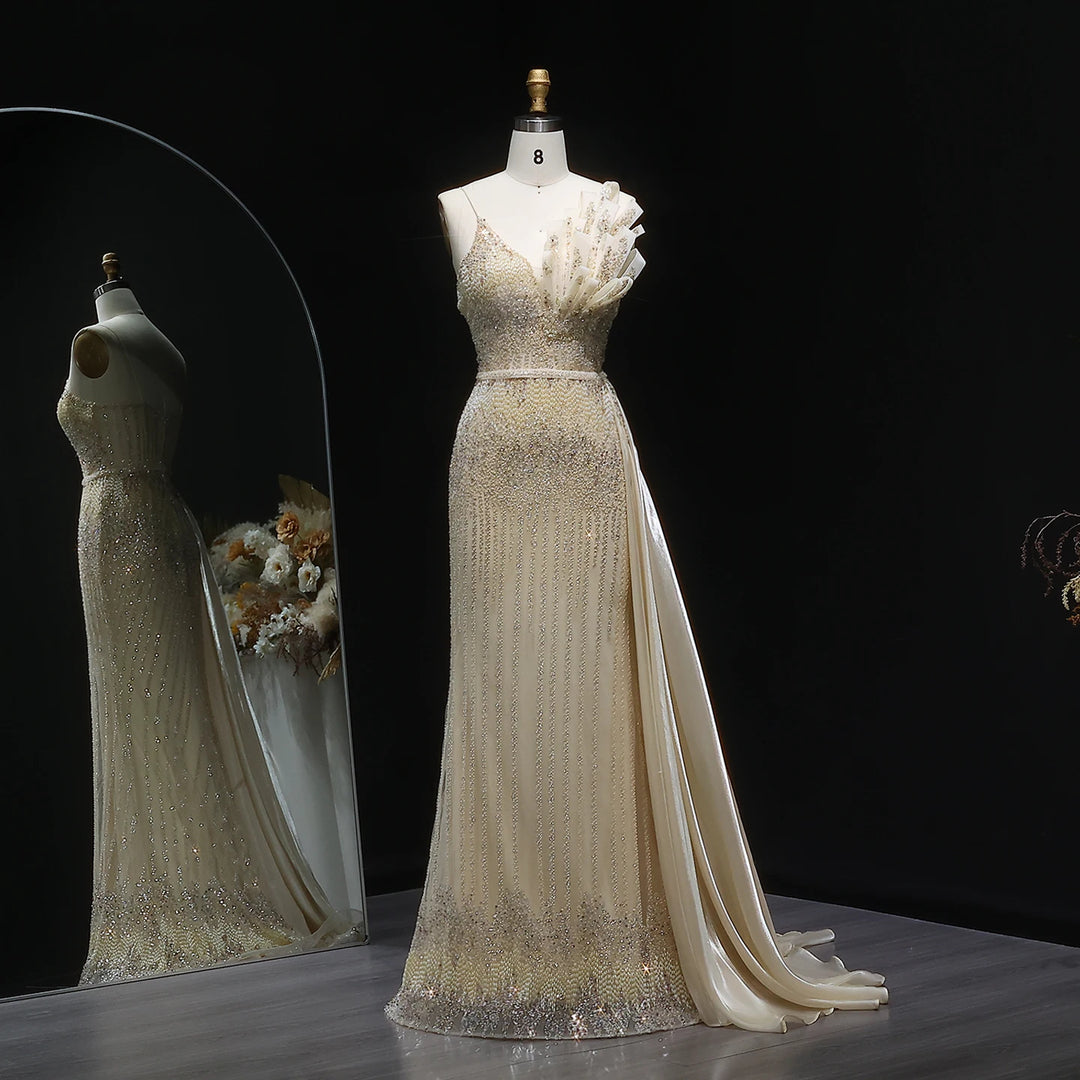 Elegant Beaded Mermaid Evening Dress with Flowing Overskirt SS094