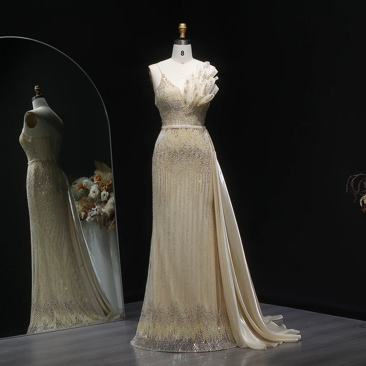 Elegant Beaded Mermaid Evening Dress with Flowing Overskirt SS094