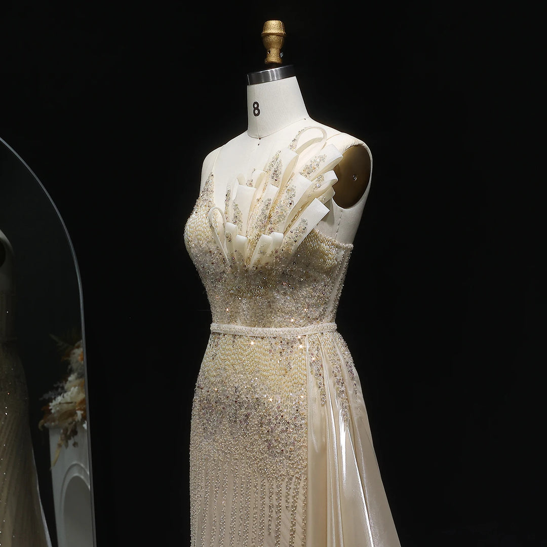 Elegant Beaded Mermaid Evening Dress with Flowing Overskirt SS094