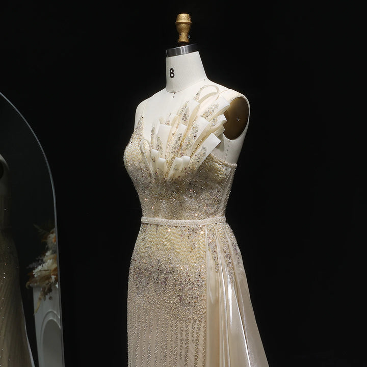 Elegant Beaded Mermaid Evening Dress with Flowing Overskirt SS094