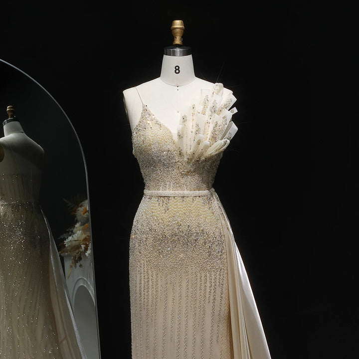 Elegant Beaded Mermaid Evening Dress with Flowing Overskirt SS094