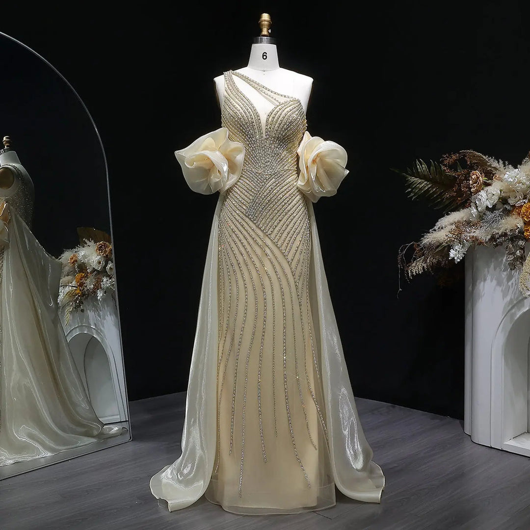 Elegent Blue Beaded One-Shoulder Evening Dress with Flowing Cape SS016