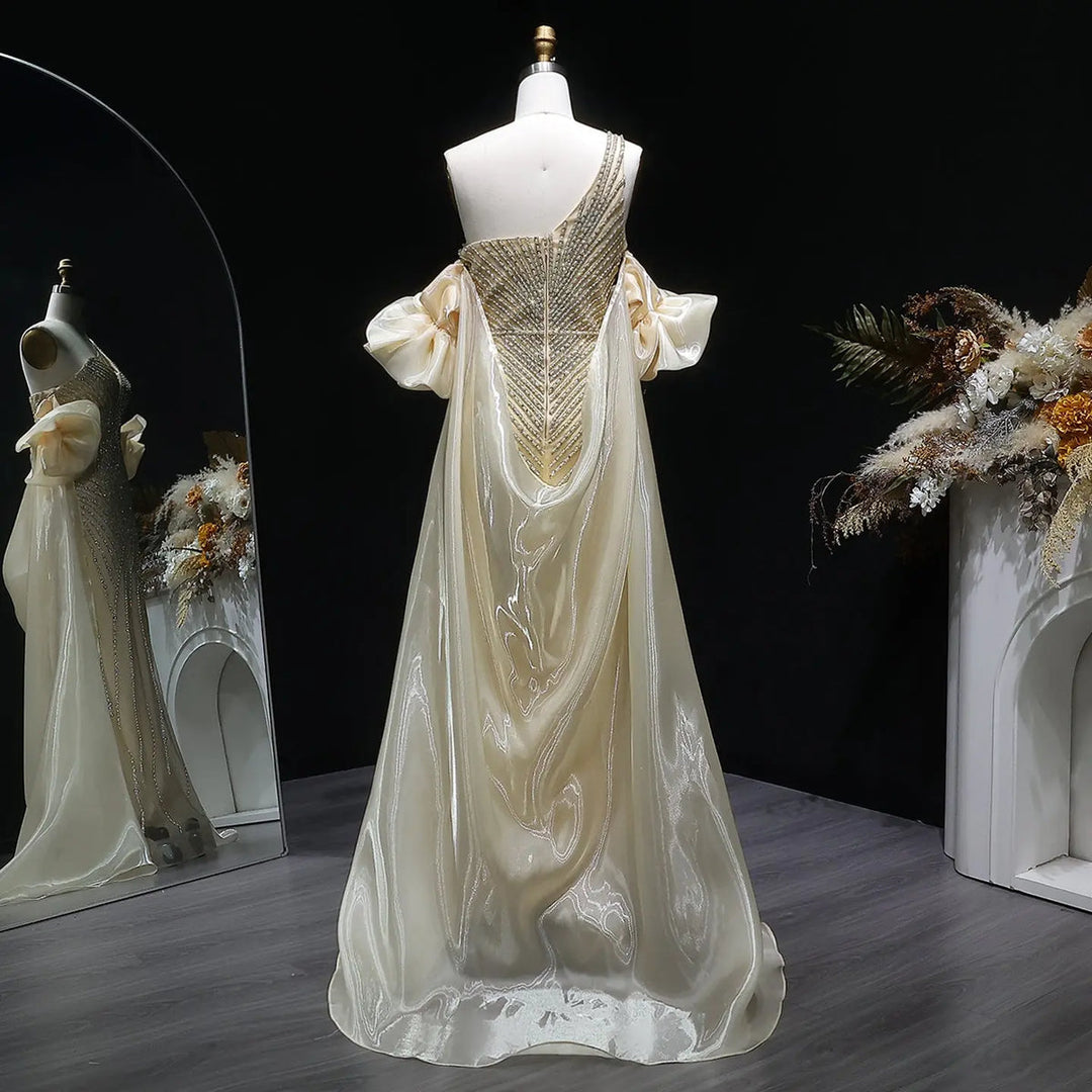 Elegent Blue Beaded One-Shoulder Evening Dress with Flowing Cape SS016