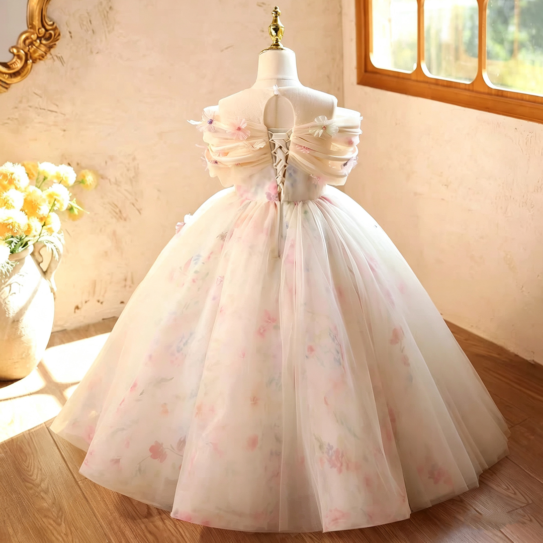Beige Floral Tulle Girls Occasion Gown with Draped Shoulder Bands D380