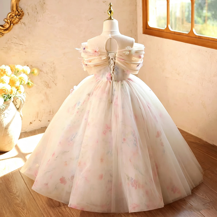 Beige Floral Tulle Girls Occasion Gown with Draped Shoulder Bands D380