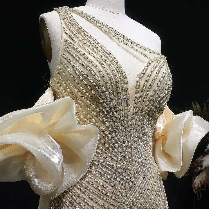 Elegent Blue Beaded One-Shoulder Evening Dress with Flowing Cape SS016