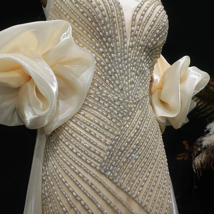 Elegent Blue Beaded One-Shoulder Evening Dress with Flowing Cape SS016