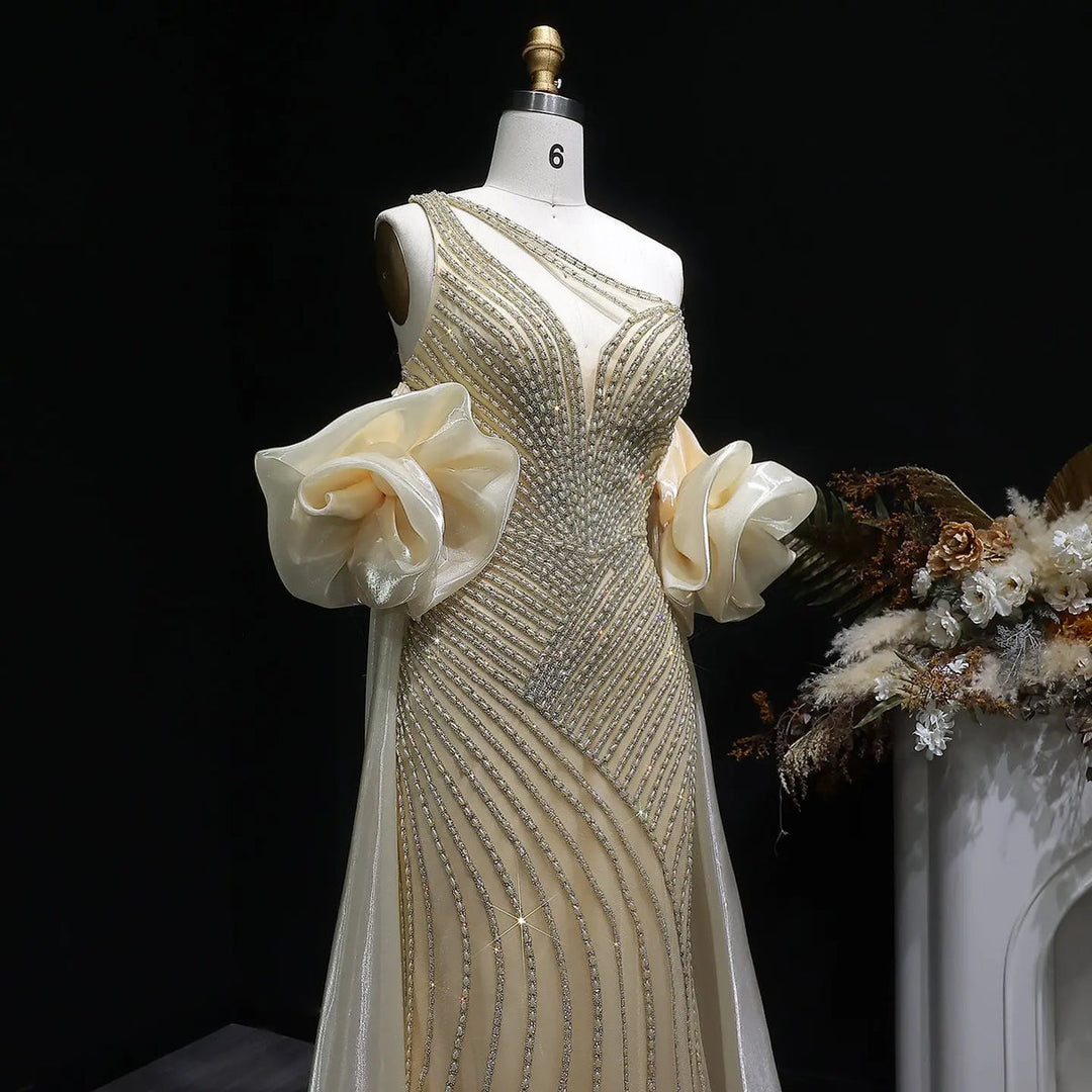 Elegent Blue Beaded One-Shoulder Evening Dress with Flowing Cape SS016