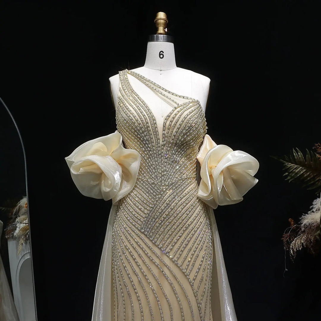 Elegent Blue Beaded One-Shoulder Evening Dress with Flowing Cape SS016