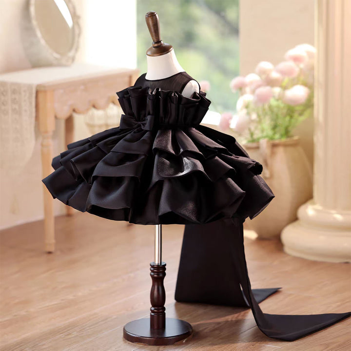 Elegant Black Ball Gown Flower Girl Dress with Ruffle Layers D128
